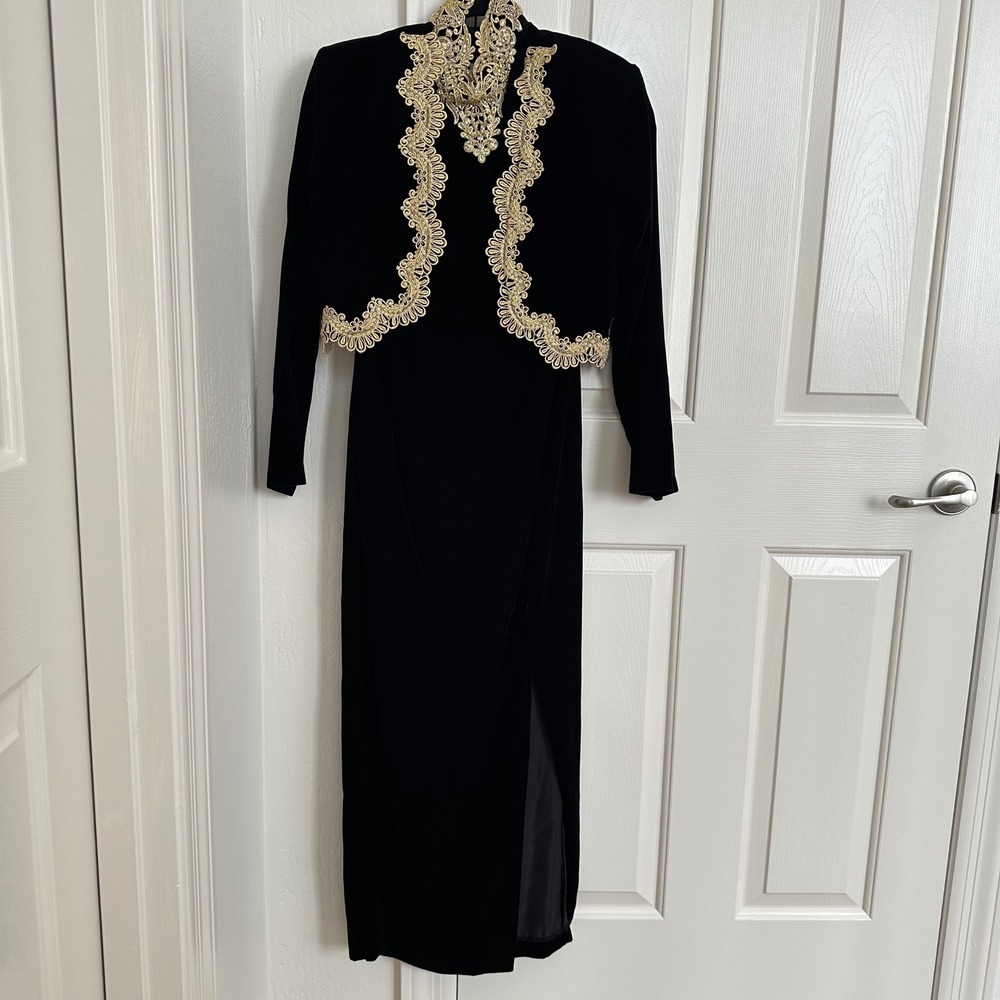 Jessica McClintock Black Velvet Dress with Gold Embellished Bolero